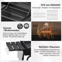BORVAT® - Houtskool BBQ Smoker Grillwagen met Thermometer, Rookoven & Opbergvakken — thumbnail 5