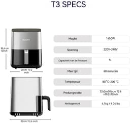 Airfryer 4,5L-Heteluchtfriteuse-Digitaal Display-Kijkvenster-Temperatuurregeling-1450W – Voor Keuken En Snacks – 32x26x30,5cm – Zilver/Zwart — thumbnail 4