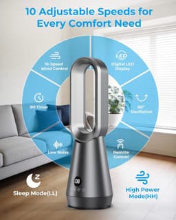 Bladloze Torenventilator - Stille Staande Fan - Comfortabele Verkoeling - 8 Windstanden 80° Oscillatie - 9 Uur Timer - Zilvergrijs — thumbnail 2