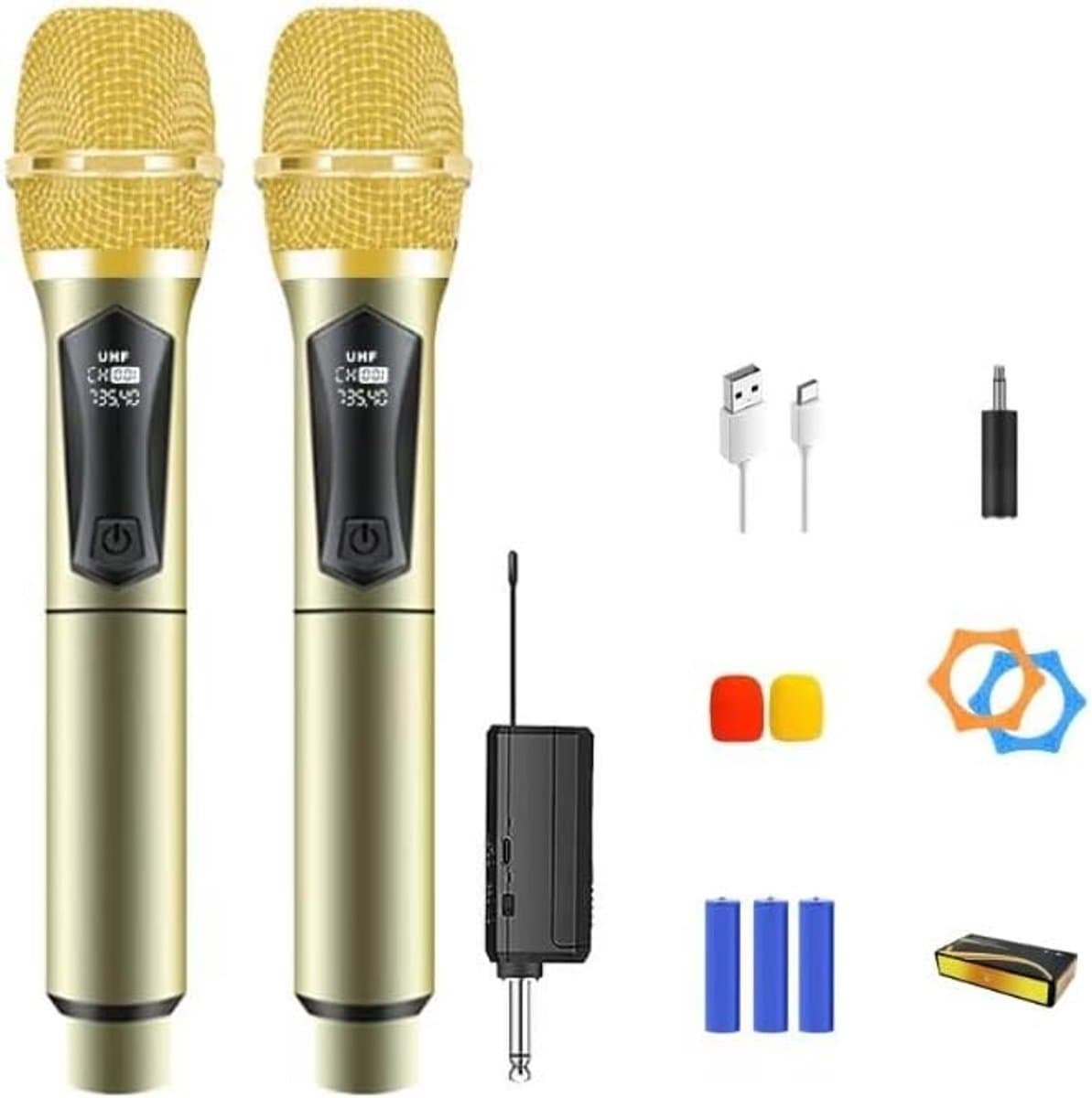 Microfoon-Professionele Draadloze Microfoon Set - 2.4 GHz Dynamisch Systeem -Goud- 60 Meter Bereik - Lange batterijduur- USB-C Oplaadbaar - Voor Karaoke, DJ, Bruiloft , Kerk - Zwart — afbeelding 1