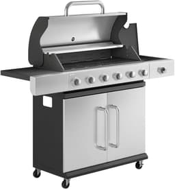 Gasbarbecue - Gasbarbecue en grill - 6+1 Branders - 18,6 kW - Grillwagen - Barbecuewagen - met Grillrooster, Wielen, Bijzettafels, Slangen, Thermometer en Warmhoudplaten - 142 x 49 x 111 cm - Zwart + Zilver — thumbnail 3