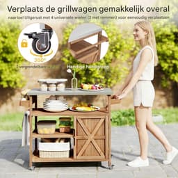 Buitenkeuken op Wielen – BBQ Trolley – Met Opbergkast & Planken – Werktafel voor Buiten – Hout & Metaal – Multifunctioneel – Koffie + Zilver — thumbnail 3
