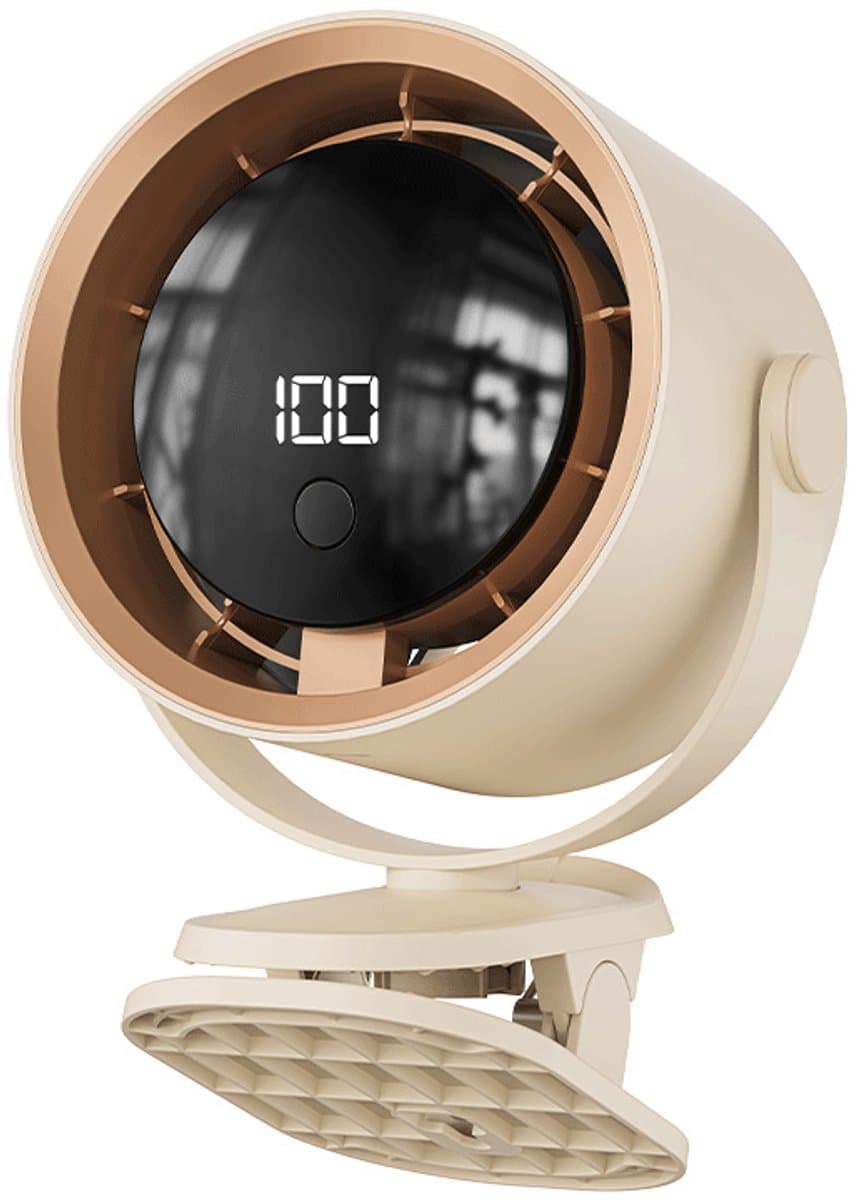 Ventilatoren-Professionele Clip-on Ventilator - 100 Snelheden - LED Display & Ophanghaak - Stille Tafelventilator voor Kinderwagen, Bureau en Camping - Beige — afbeelding 1