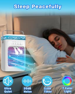 Ulisem - Draagbare airconditioner - Verdampingskoeler - 3 snelheden en 2 miststanden - 120° oscillerend - 7-kleuren nachtlampje - 2/4 uur timer - 1L tank - Type-C - Stil (35dB) - Wit — thumbnail 4
