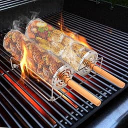 Cilindrische Barbecue Grillmand Set - 2 Stuks - RVS 304 met Houten Handgrepen — thumbnail 1