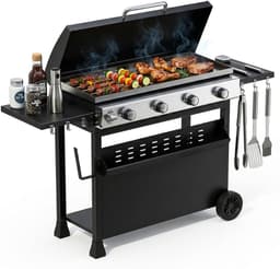Gasbarbecue met 4 branders en een vermogen van 32.000 BTU – barbecuewagen met een vlakke bakplaat van 3086 cm² – draagbare barbecue die zowel vrijstaand als op tafel kan worden gebruikt – weerbestendige kap – roestvrijstalen branders — thumbnail 1