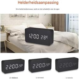 QTTVBTNA -Digitale wekker, houten design, elektronisch led-display, tijd- en datumweergave, temperatuur- en vochtigheidsmeting, 3 alarminstellingen, 3 helderheidsniveaus, geschikt voor thuis, slaapkamer, kantoor en op reis - zwart — thumbnail 4