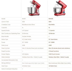 Lunekiss Keukenmixer 6L met RVS mengkom, LED-timer en 1200W stille DC-motor - 6 snelheden, standmixer met accessoires set - Wit — thumbnail 5