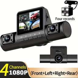 Deze nieuwe high-definition dashcam beschikt over vier lenzen, een 5,08 cm display, nachtzicht en gelijktijdige opname van voor, achter, links en rechts. Hij wordt ook geleverd met een geheugenkaart van 32 GB. — thumbnail 1