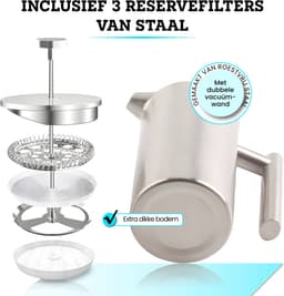 Somstyle French Press Cafetiere - 600 ML - Dubbelwandige Koffiepers - RVS Koffiepot - Verse Koffiemaker - Zilverkleurig — thumbnail 2