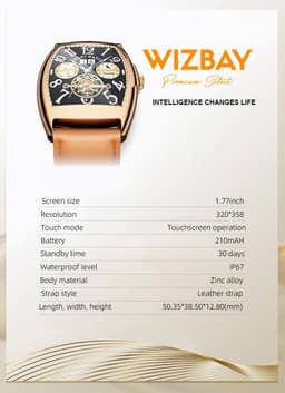 WizBay Premium Select® 2D Curved 1.77inch IPS Screen Elegante Smartwatch Dames Heren AMOLED - Android en iOS - Bluetooth Call - 02 Zuurstof - Dynamic Hartslag & Slaap Monitor - Message - Magnetic Laden - Smartwatches - Zilver Case Zwart Lederen Band — thumbnail 2