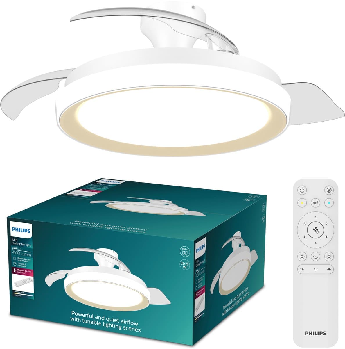 Philips Bliss Plafondventilator met ingebouwde LED-lamp - 3 Intrekbare bladen, diameter: 106cm - 4500 Lumen - Instelbaar wit licht van 2700K tot 6500K - Dimbaar tot 5% - Afstandsbediening - Wit met goud — afbeelding 1