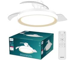 Philips Bliss Plafondventilator met ingebouwde LED-lamp - 3 Intrekbare bladen, diameter: 106cm - 4500 Lumen - Instelbaar wit licht van 2700K tot 6500K - Dimbaar tot 5% - Afstandsbediening - Wit met goud