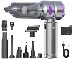 Mini Auto Stofzuiger,16000PA 4-in-1 snoerloze handheld stofzuiger met Brushless Motor Built-in 6000mAh batterij Type C Air Duster & Air Blower & pomp voor auto, kantoor-Zilver-paars