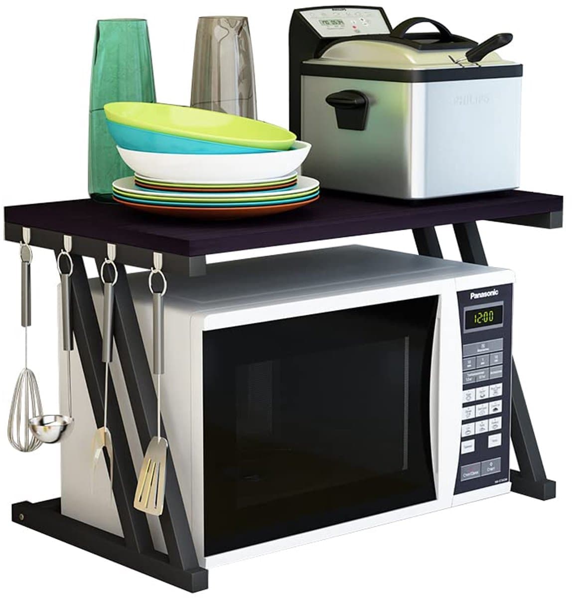 Mikrowave Houten Rek met Haken - Kookgerei en Opslagrek voor Keuken (57 x 38 x 38 cm) — afbeelding 1