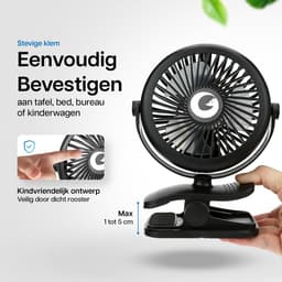 Evolize Mini Ventilator met Clip - Krachtige Draadloze Fan op Batterijen - USB Oplaadbare Ventilator met Klem - Draadloos & Draagbaar - voor Bureau, Bed, Camping & Kinderwagen - Zwart — thumbnail 4