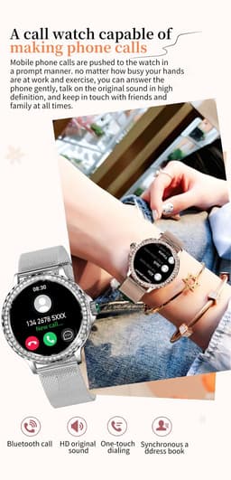 Knobbout Luxe Smartwatch voor Dames – Met Sprankelende Kristallen-1.3" IPS HD Touchscreen – Bluetooth 5.2 Bellen – Hartslag & Bloeddrukmeting – IP68 Waterdicht – Roségouden Roestvrijsta — thumbnail 4