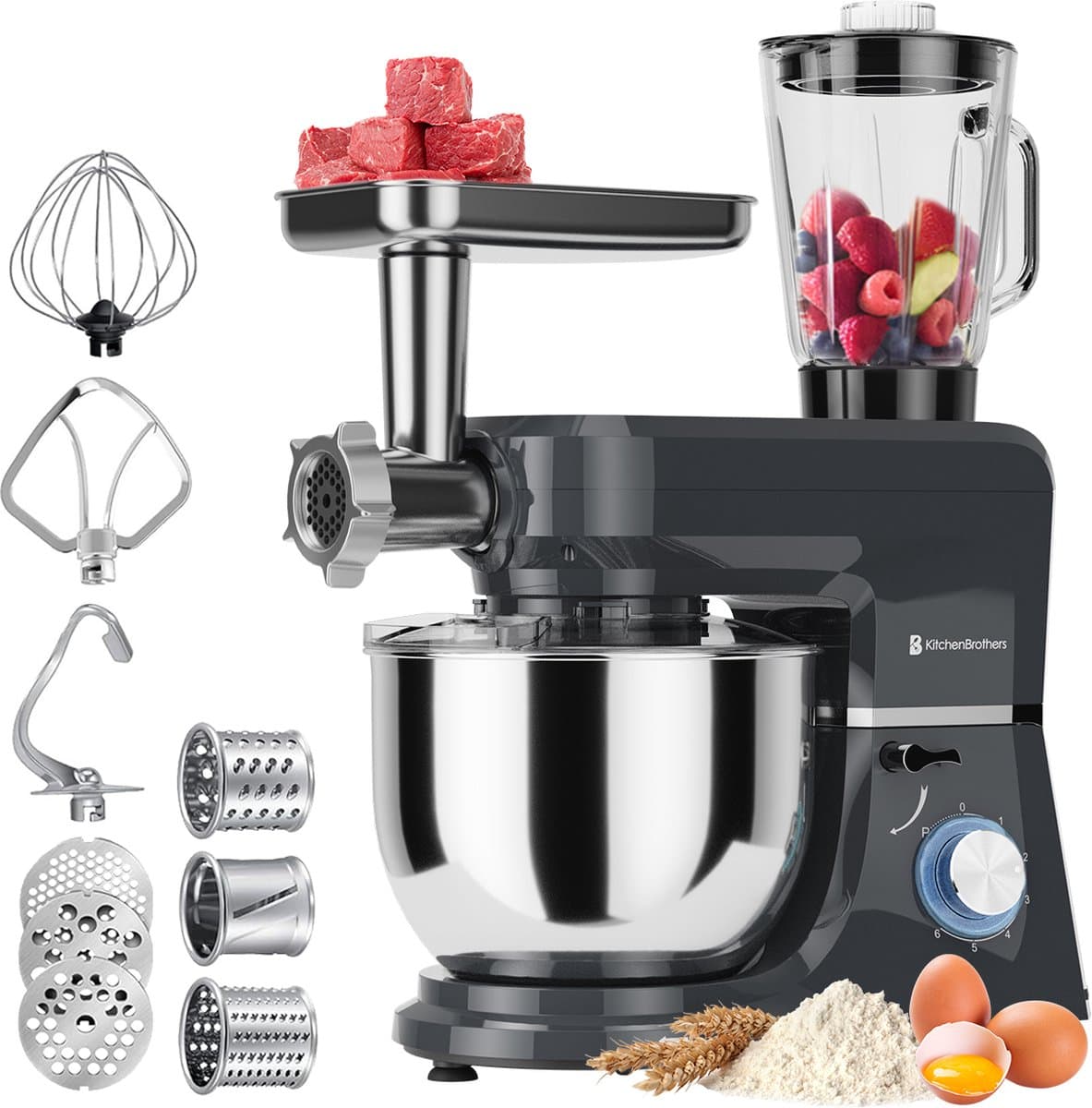 KitchenBrothers Keukenmachine - Keukenrobot - 6-in-1 Keukenmixer - Met Gehaktmolen, Blender en 15 Accessoires - BPA-vrij - 6,2L RVS Kom - Antraciet — afbeelding 1