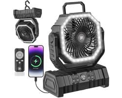 Best Active Mini Ventilator - Oplaadbare Tafelventilator - Stille Mini Fan met Afstandsbediening - Handventilator - Klein, Stil & Geruisloos - 4 Snelheden & Verlichting - 20000 mAh & Powerbank functie - Premium Zwart