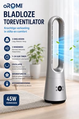 oROMI Bladloze Torenventilator 63 cm – 45W – 3 Snelheden en 3 Windmodi – Afstandsbediening – 24-uurs Timer – Oscillatie – Aromafunctie – Zilver — thumbnail 3