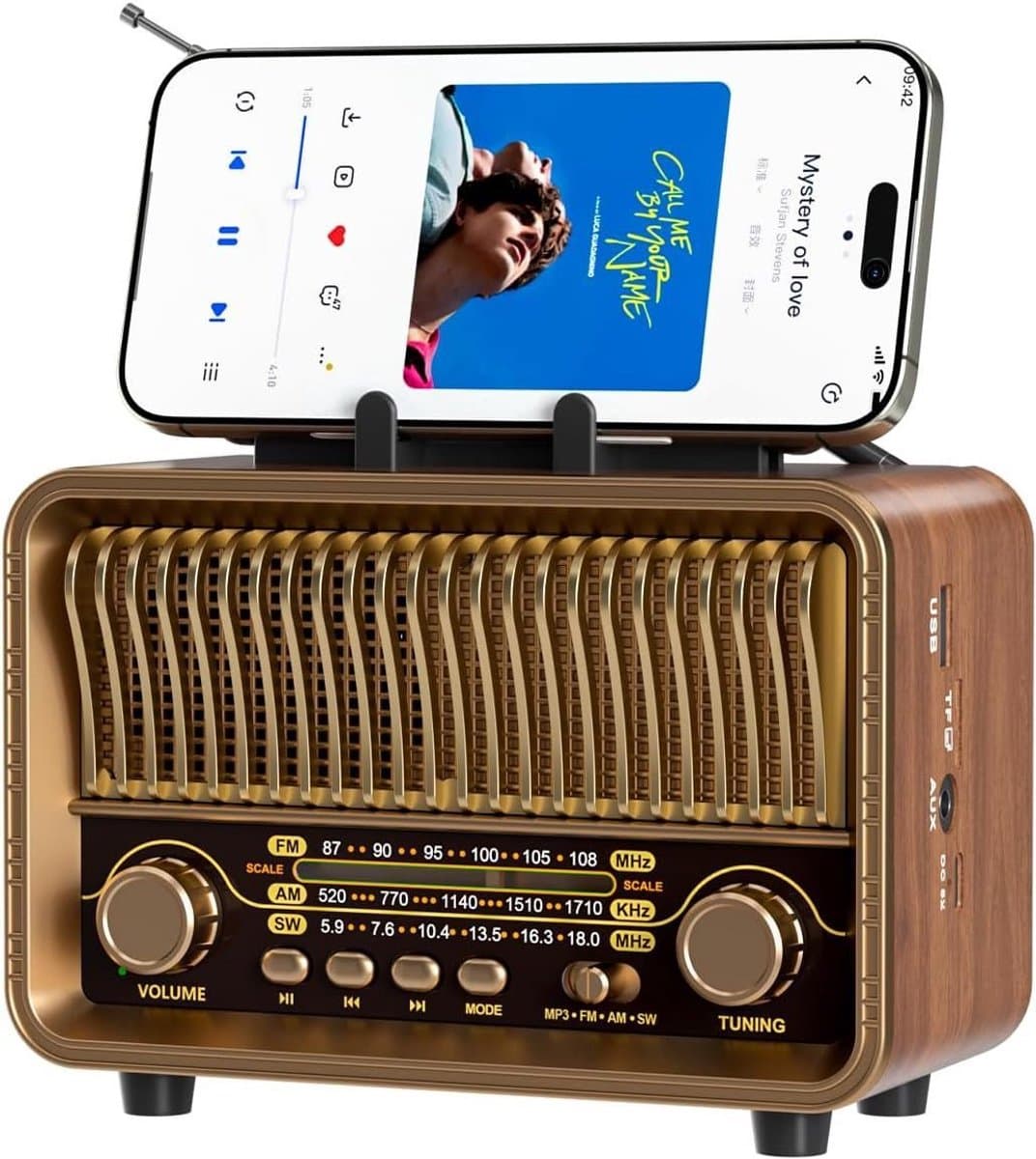 Retro Radio met Bluetooth 5.4 - AM FM SW Wereldradio met Houten Look - Draagbare Bluetooth Speaker met USB TF Kaart Ondersteuning - Oplaadbare Vintage Radio voor Thuis en Buiten — afbeelding 1