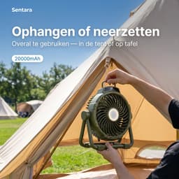 Sentara Campingventilator Oplaadbaar 10000mAh – Lichtgewicht Draagbare Buitenventilator met LED-nachtlamp, Powerbank-functie, Timer & Opbergtas – Ophangbaar of Staand – 5 Standen – Legergroen — thumbnail 5