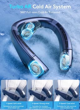 Nekventilator die koele lucht blaast, draagbare ventilator op batterijen, zonder bladen, oplaadbaar, 3 windsnelheden en 3 windstanden (blauw). — thumbnail 2