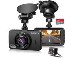 SnelShoppen - ORSKEY Dashcam voor Auto's Voor en Achter met Dubbele Lens 1080P Full HD, 170° Groothoek, SD-kaart Inbegrepen, G-sensor en Lusopnamemodu