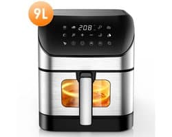 Velori Airfryer 9 Liter - Heteluchtfriteuse met Kijkvenster - Digitale Airfryer - 10 Programma's - 1800W - XL Airfryer - Zwart RVS