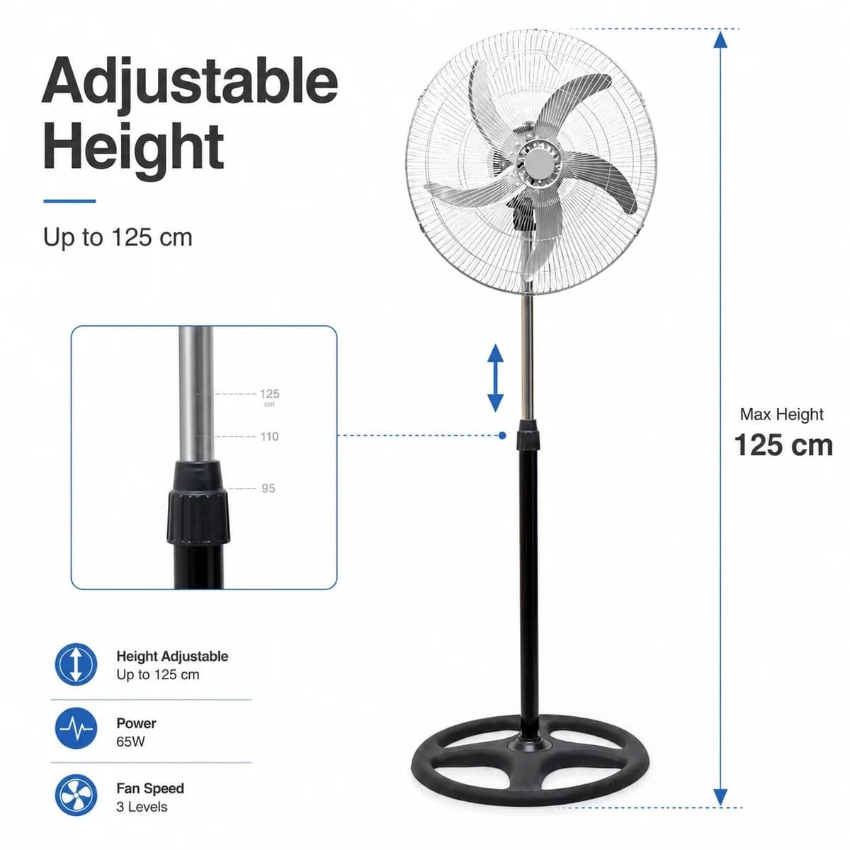 Bresht Ventilator - In hoogte verstelbaar - Stille werking - Automatische oscillatiefunctie - Zwart - 43 × 43 × 105-125 cm — afbeelding 1