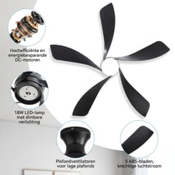 Plafondventilator Met Lamp - 5 ABS Bladen - Ø 132 cm - Dimbare lamp - Met Afstandsbediening - 6 ventilatorstanden - LED's Light - Zwart — thumbnail 5