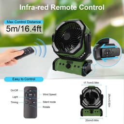 20000 mAh USB-campingventilator met LED-verlichting, draagbare oplaadbare bureau-/tentventilator met afstandsbediening en haak, 270° draaibare kop voor vissen en als windscherm. — thumbnail 3