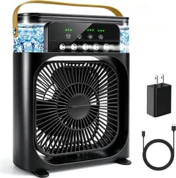 Draagbare airconditioner met ventilator, mini-verdampingskoeler met 5 sproeimondstukken, 3 windsnelheden, 3 timers, 7 kleuren LED-verlichting, 600 ml persoonlijke airconditioner/ventilator voor slaapkamer, kantoor en camping (zwart) — thumbnail 1