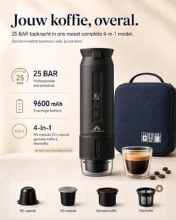 NomadBrew Ultra Draagbare Koffiemachine – 4-in-1 Zelfverwarmende Espressomachine 25 Bar – Auto, Camping & Camper – NS/DG-Capsules, Gemalen Koffie & Filterkoffie – Afneembare Afsluitbare Beker – 9600mAh – Warme Koffie Zonder Waterkoker – Zwart — thumbnail 1