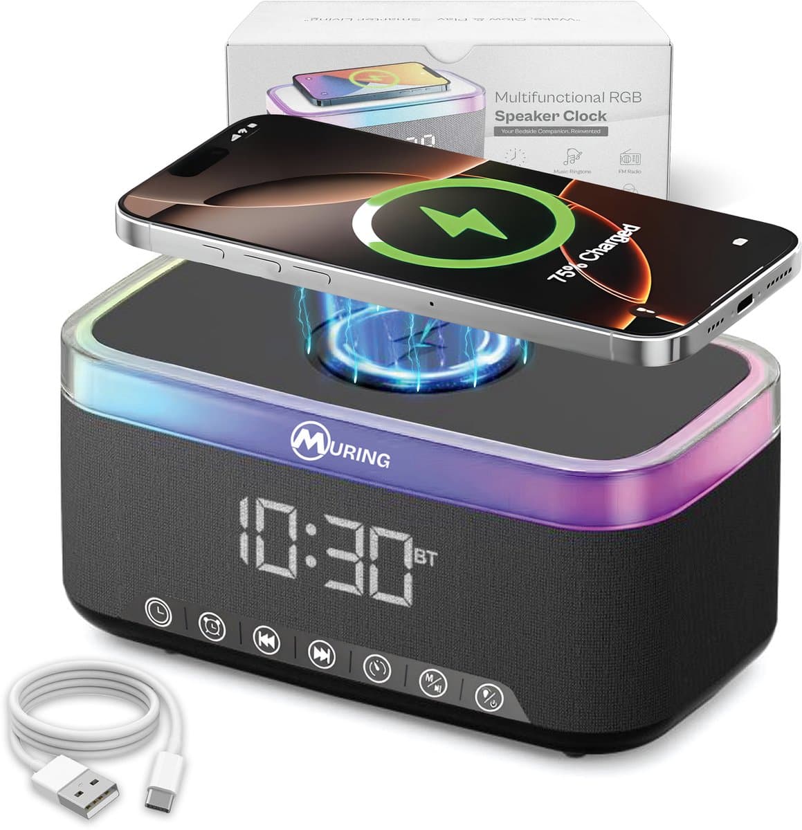 Muring Digitale Wekkerradio – Digitale Klok Slaapkamer – 15 W Draadloos opladen - Speaker met bluetooth - 13 Lichtstanden - Lichtwekker – Wekker voor kinderen & volwassenen – Netstroom – Alarmklok – Zwart — afbeelding 1