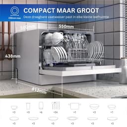 Luxe Mini Vaatwasser – Kleine Vaatwasser – Vrijstaand – 7 Wasprogramma’s – Geruisloos – Timer – 360° Reiniging – Grote Capaciteit – Wit — thumbnail 3