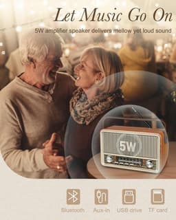 Vintage Draagbare Radio - Retro AM/FM/SW Radio met Bluetooth - 1800 mAh Oplaadbare Batterij - Draagbare Werksite en Camping Radio met USB, TF en AUX - Grote Knoppen voor Senioren - Goud — thumbnail 5