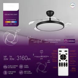 Plafondventilator met Lamp - Brinton Zenin - Aanpasbare Lichtkleur 3000K-4000K-6500K - Afstandsbediening - Dimbaar - Zwart — thumbnail 4