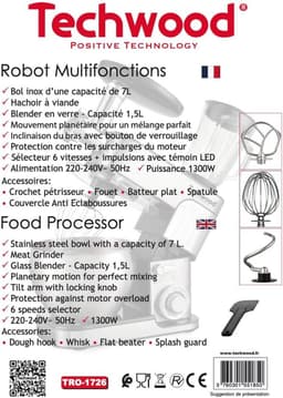 Keukenmachine - Keukenrobot - Mengen en kneden - Krachtige 1300 Watt motor - 7 Liter kom - Roestvrij staal — thumbnail 3