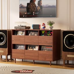 BROTTAR 47,2" platenspelermeubel bruin, vinylplatenkast voor 7"/10"/12" LP's, 6 opbergvakken, retro platenspelerkast voor woonkamer, muziekhoek en vinylverzameling — thumbnail 4