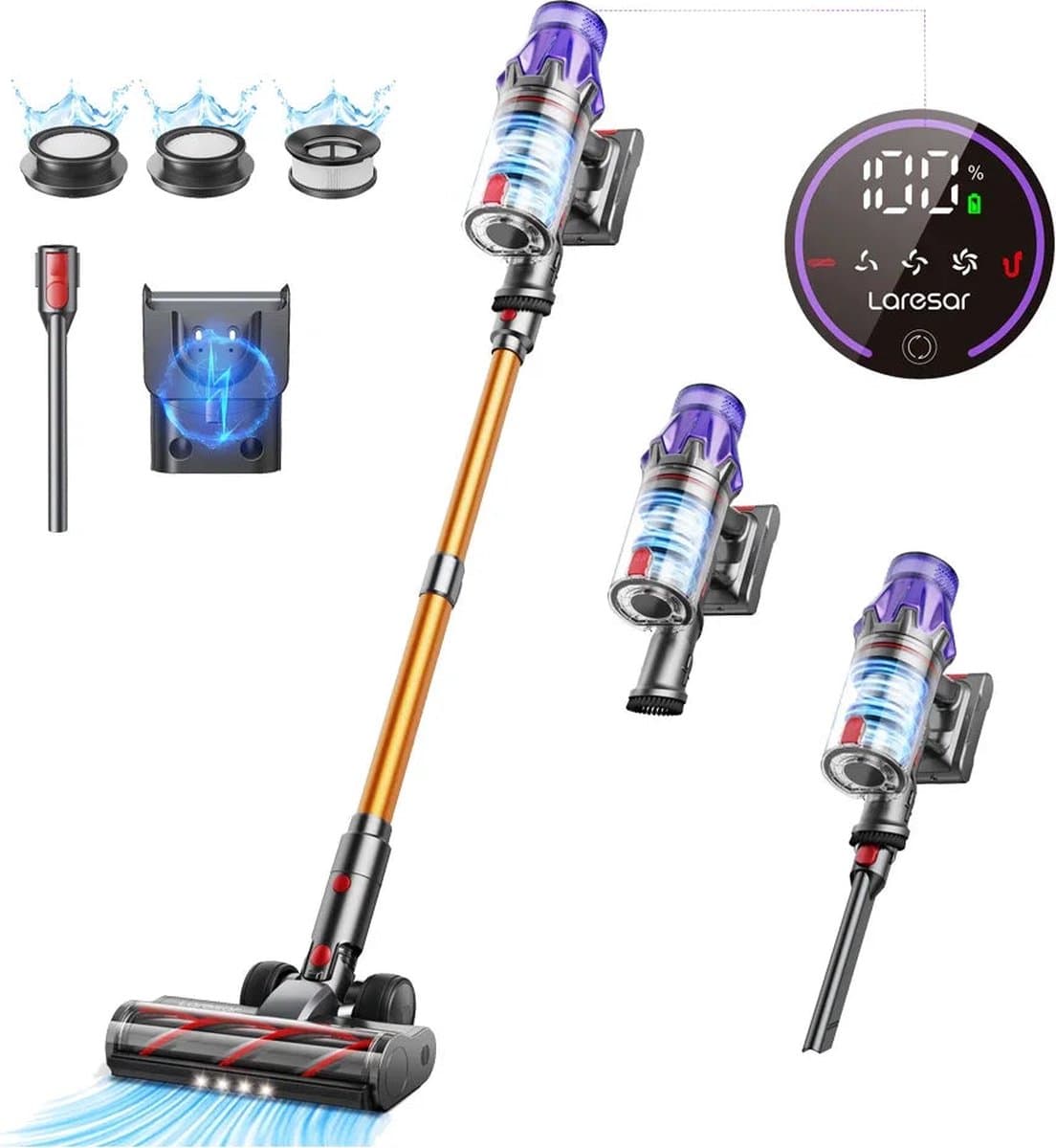 Steelstofzuiger Draadloos - Steelstofzuiger - Stofzuiger - Steelstofzuiger Snoerloos - Krachtige Zuigkracht - 50KPA - 500W - HEPA Filter - LCD - Geel — afbeelding 1