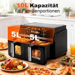 Heteluchtfriteuse Dubbele Lade - Airfryer XXL - Gezinsmaaltijden Bereiden - SYNC/DUAL Functie - 10 Liter Capaciteit - Zwart — thumbnail 3