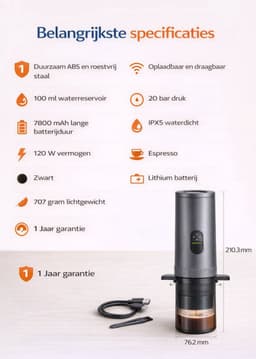 Yemtech® Draagbare Espressomachine – 3 in 1 Elektrische Draagbare Koffiemachine - ong. 100 ml - Espresso machine - Espressomachine voor Auto Camping Vrachtwagen – Inclusief Draagkoffer — thumbnail 5