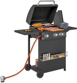 Gasbarbecue - Gasbarbecue en grill - 4 Branders - Zijbrander - 9,5 kW - Grillwagen - met Grillrooster, Wielen, Bijzettafels, Drukregelaar, Slangen, Hermometer en Warmhoudplaten - 123 x 57 x 98 cm - Zwart — thumbnail 1