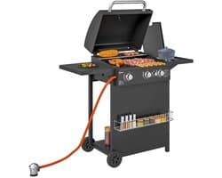 Gasbarbecue - Gasbarbecue en grill - 4 Branders - Zijbrander - 9,5 kW - Grillwagen - met Grillrooster, Wielen, Bijzettafels, Drukregelaar, Slangen, Hermometer en Warmhoudplaten - 123 x 57 x 98 cm - Zwart