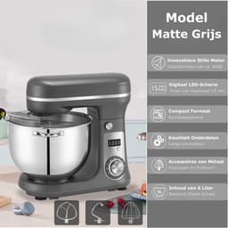 Kibus Deegmachine - Keukenmixer - 6Liter - Kneedmachine Keukenmachine - 4KG RVS - Deegmixer Zwaar Deeg - Grijs - 1200W — thumbnail 2