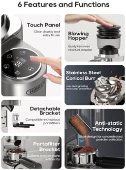 HiBREW G7 koffiemolen, 48 maalstanden, antistatische technologie, roestvrijstalen conisch maalwerk, aanraakpaneel, compatibel met portafilters van 51/54/58 mm, koffie malen zonder vasthouden — thumbnail 3