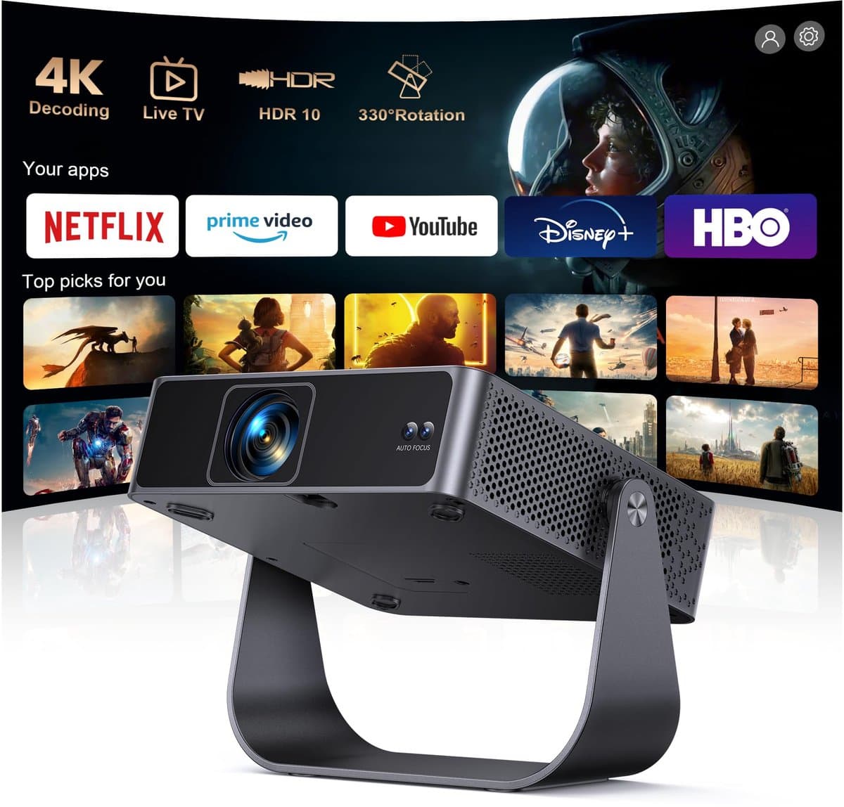 SnelShoppen - Smart Beamer Mini Projector 1080p Full HD, Autofocus, Trapeziumcorrectie, 360° Draaibaar, WiFi6 en Bluetooth voor Thuisbioscoop, Camping — afbeelding 1