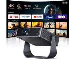 SnelShoppen - Smart Beamer Mini Projector 1080p Full HD, Autofocus, Trapeziumcorrectie, 360° Draaibaar, WiFi6 en Bluetooth voor Thuisbioscoop, Camping