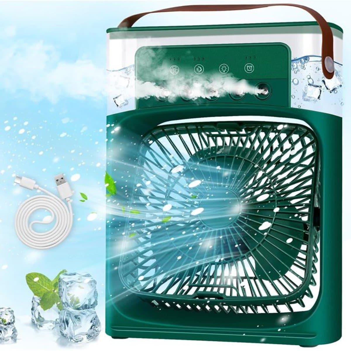Draagbare airconditioner, mini-airconditioner, ventilator, 3 ventilatorsnelheden, timer, 7 ledlampjes, vernevelingsfunctie (groen). — afbeelding 1
